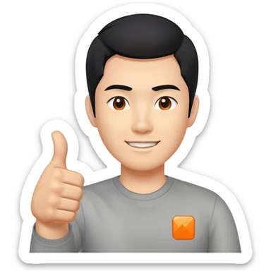 Thumbs up, but with black hair representing an asian man. Grey shirt, with a small orange square as a logo sticker