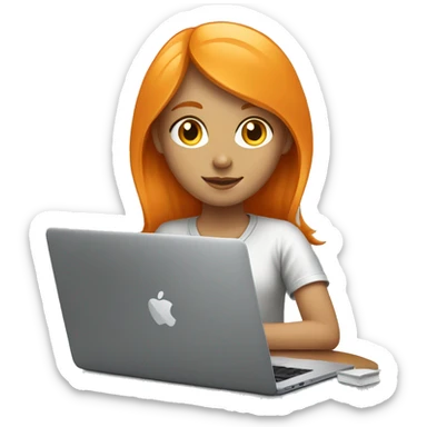 Orange coloured haired girl studying with macbook gray coloured sticker