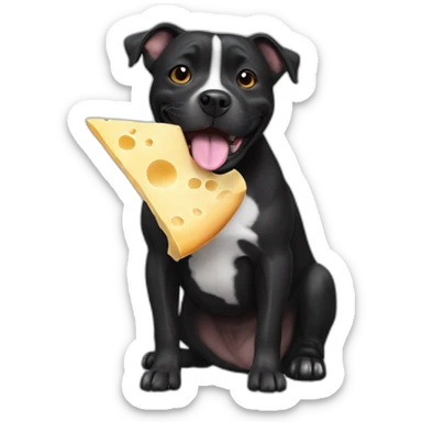 black staffie dog eating cheese sticker