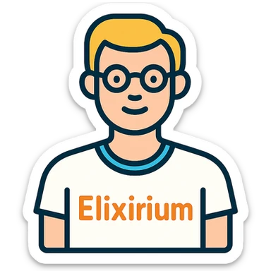 man wearing white t-shirt with the word 'Elixirium' written on the t-shirt, colorful outline icon style sticker