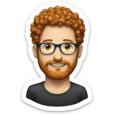 35 year old, male, short curly red hair, pale, thick beard, blue eyes, white glasses, black shirt sticker