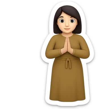 Make the woman have a normal, buxom body, standing and praying from the front view, wearing a long tan dress, with dark brown hair, in emoji style. Remove the background completely. sticker