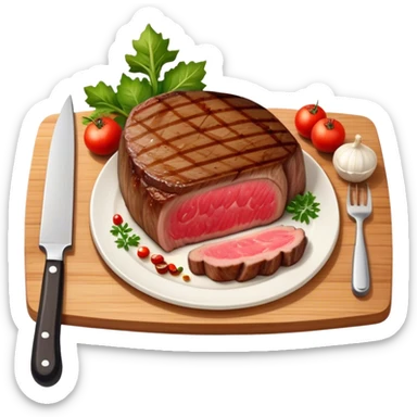 A photorealistic icon featuring a chef's hat, a cutting board with fresh ingredients, a knife, a plate with a well-plated dish, and a beautiful ribeye beef steak. Bright, detailed design with realistic textures and lighting. Transparent background, clearly symbolizing cooking and culinary arts. sticker