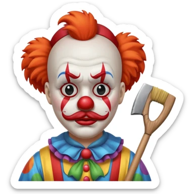 a sad clown with a broom and an axe sticker