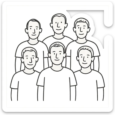 group of 6 men, white skin tone, white shirts, hand-drawn style sticker