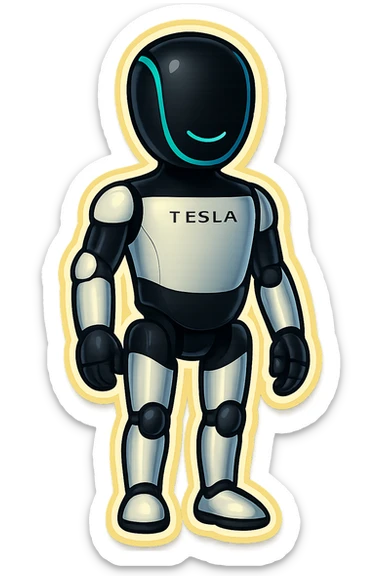Fullbody Tesla robot emoji in arms down pose with a slight smile, same style as the reference image. sticker