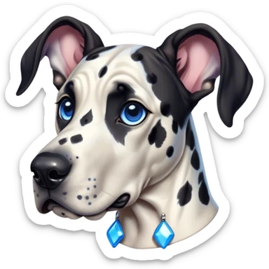 Cinematic Cute Harlequin Great Dane Portrait Emoji, Head tilted playfully and inquisitively, featuring a glossy coat of predominantly white with dynamic black patches, round, sparkling blue eyes filled with gentle curiosity, Simplified yet irresistibly adorable features, highly detailed, glowing with a warm, friendly glow, high shine, affectionate and gentle, stylized with a touch of whimsy, bright and endearing, soft glowing outline, capturing the essence of a mischievous yet loving pup, so playful it feels like it could lumber out of the screen and into your arms! sticker