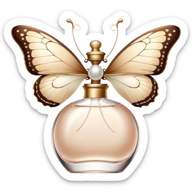 A delicate butterfly with wings in soft beige and pearl hues, resting gently on a vintage perfume bottle.
 sticker