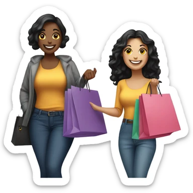 Two happy, curvy Caucasian women with black hair holding shopping bags in their hands, smiling and enjoying their day sticker