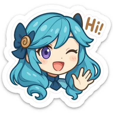 Gwen from League of Legends, chibi emote style, only head visible, right eye purple, playful hi expression, waving hand, eyes open, cute and expressive sticker