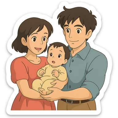 ghibli style family with mom, dad, and baby sticker