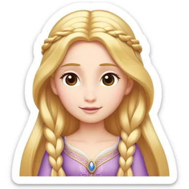 Cinematic Serene Rapunzel Portrait Emoji, rendered in a simplified vector style. Depict a gentle Rapunzel (chest and above) with delicate porcelain skin and long, shimmering golden hair, her expression calm and reflective, dressed in her traditional attire. The image is imbued with a soft, luminous glow and a subtle glowing outline. sticker