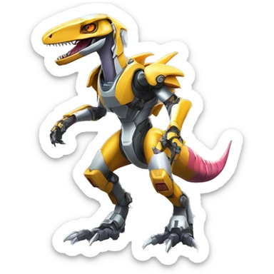 Colorful Edgy Greymon-Velociraptor-Genesect-Fakémon-Pokémon wearing a with a futuristic helmet And Mecha-suit Full Body sticker
