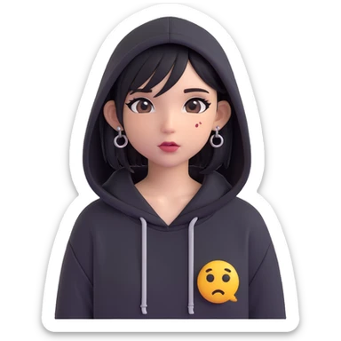 emo girl, black hoodie, piercings, side-parted hair, subtle makeup, modern emoji style sticker