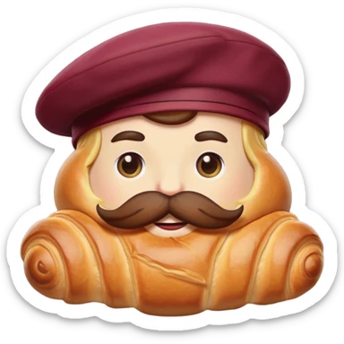 A buttery croissant with a mustache and a maroon Berret  sticker