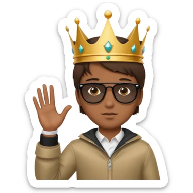 Un niño con cabello lacio no muy largo color marrón castaño,ojos marrones,piel no muy blanca, que tenga lentes de sol color negro,reloj en la mano derecha y una corona como sombrero sticker