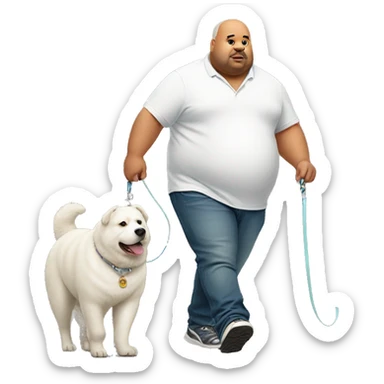 Fat man wearing a yam-aka walking a white bear dog on a leash  sticker