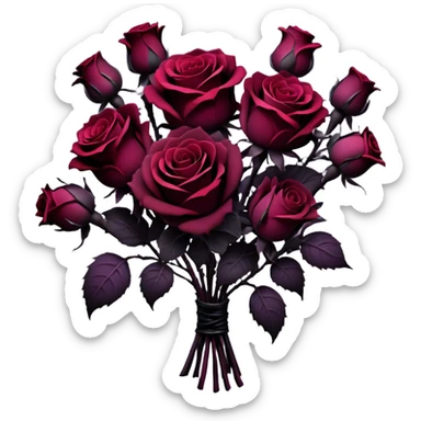 A surreal bouquet of Gothic roses, their petals drenched in dark purple hues, from black-red to rustic tones, glowing against a dark, misty backdrop. The air is heavy with an eerie, romantic atmosphere, as if the flowers hold secrets of the past.
 sticker