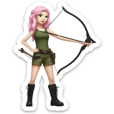 girl holding bow and arrow, long pink hair, blue eyes, white skin, army green cargo pants, black tank top, black combat boots, elf ears sticker