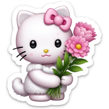 Hello Kitty holding a bouquet of pink flowers sticker