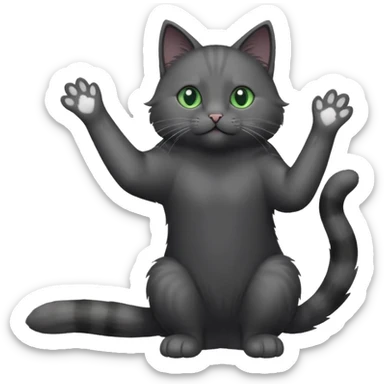 full body gorgeous solid dark grey cat with green eyes, white paws and white whiskers reaching for something sticker
