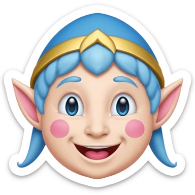 A blue emoji with fat pink cheeks and is smiling like a elf sticker