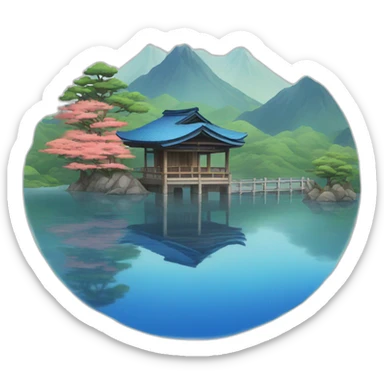 Small Japanese house with a blue tiled roof and a torii gate on an island a lake sticker