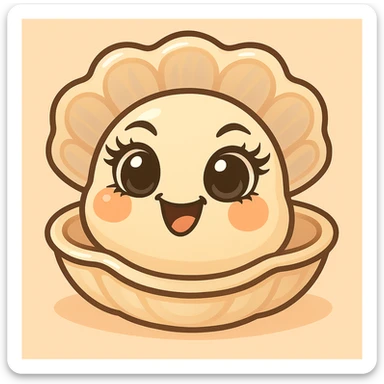 Enhance the eyes to be even more expressive, black, luminous with elegant lashes. Accentuate pastel, pearly, cream, peach, and greige nuances more. Keep the large shell and small oyster. Maintain the pastel toon style, background, and mischievous expression. sticker