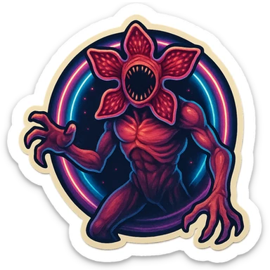 Demogorgon emerging from a portal with neon lights, 80s retro neon style, inspired by Stranger Things series sticker