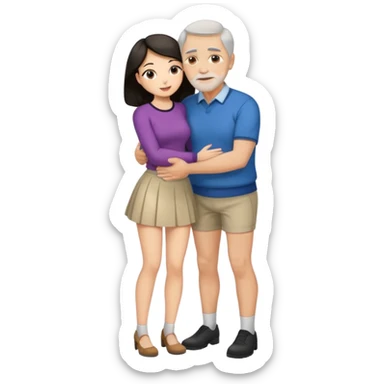older man with dark hair on knees, facing dark haired woman in a micro mini skirt, hugging her waist sticker