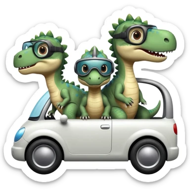 Tres dinosaurios bebés grises cada uno subido en un carro tecnológico blanco con lentes de realidad virtual sticker