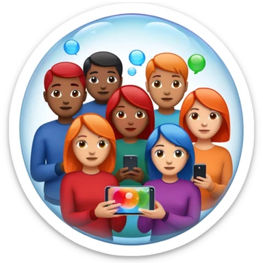 A group of people inside a separate colorful transparent bubble (blue, red, green, orange). They are each holding a smartphone or laptop. the bubbles are slightly overlapping, creating a modern and minimalist look. Realistic emoji style. sticker