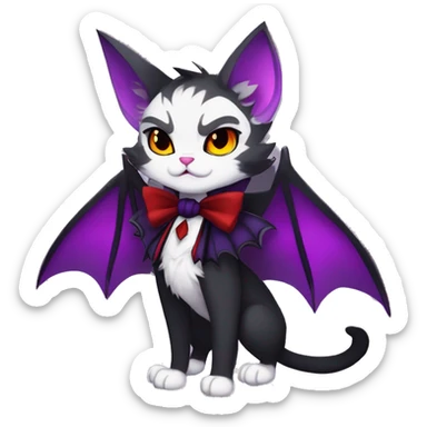 Anthro-Cute-Edgy-Vampiric-Batty-Cat-Black-Purple-Red-Grey-White-Yellow-Contrast-Colors-Fantasy-Fur-Sona-Chibi-Shiny-Fakémon-Hybrid with horns and big fangs collar bow ties leg spats full body sticker