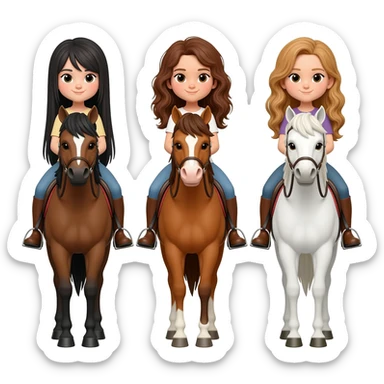 Three horses white bay and sorrel with three riders on the bay horse a girl with dark straight hair on the sorrel horse a girl with wavy brown hair and on the white horse a girl with sandy hair sticker