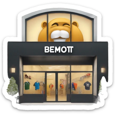 “Sports store exterior with a sleek design, large windows displaying athletic gear, bold signage, and an inviting entrance with modern doors.” sticker