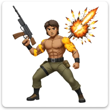 Icon for Action Movies: Rambo in the lead role, in an intense action pose with weapons, explosions, and dramatic background. The design should evoke the classic action movie feel with muscle-bound heroes and high-energy sequences. Transparent background. sticker