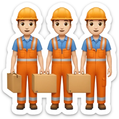 emoji style railway engineer full body in orange overalls, carrying a box in front of them sticker