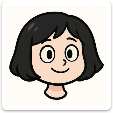 very cute young girl with pale skin, black bob haircut, simple cartoon features, big eyes, simple smile, minimal details, Telegram sticker style, head only without neck, white background sticker