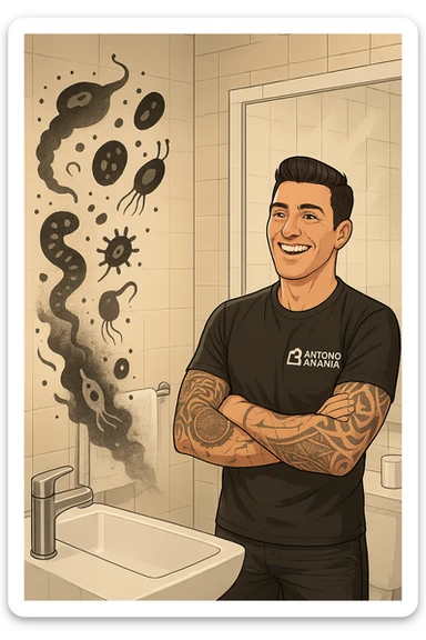 a man stands in a brightly lit bathroom, looking relieved and revitalized as he examines his reflection in the mirror. In the foreground, stylized, shadowy images of parasites (such as worms or protozoa) are shown leaving his body, dissolving into mist or fading away. His posture is upright and his expression is one of newfound energy and health. sticker