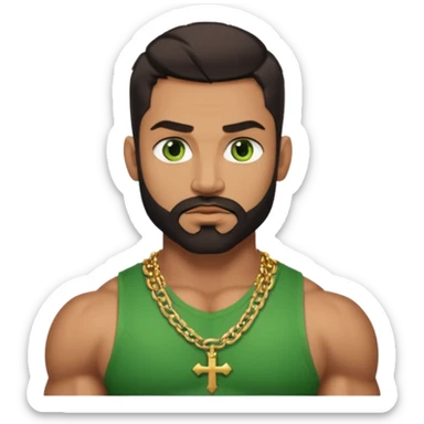 green eyes, dark short hair, muscular shoulders, wide cross, gold chain, big lips big nose big eyes, masculine good looking, dark beard sticker