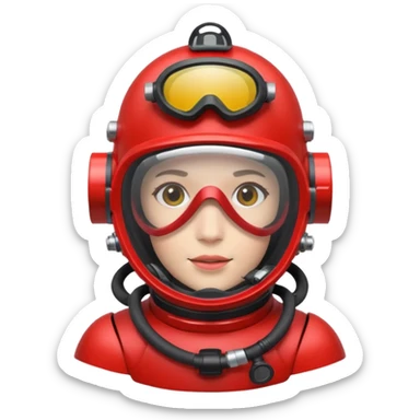 wearing a red scuba diving helmet with glass visor sticker