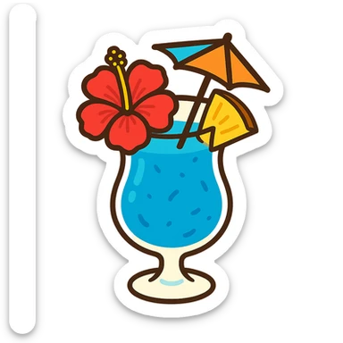 blue tropical cocktail with hibiscus, pineapple, and paper umbrella garnishes, vibrant flat toon style sticker