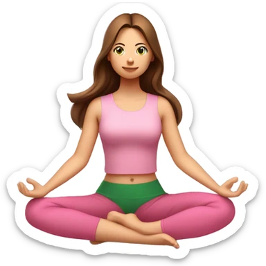 A girl with brown long hair, fair skin and green eyes is meditating in a relaxed lotus position in a comfortable pink top and pink leggings sticker