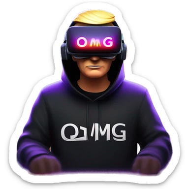 Donald Trump wearing a black hoodie with "OMG" letters on it and VR headset oculus quest 2 in a cyberpunk VR environment with violet neon lighting. sticker