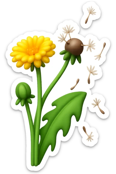 Create a 3D illustration of a dandelion with fluffy seeds flying in the wind, featuring a volumetric yellow flower and green leaf, in the style of iOS Apple emoji. The background should be transparent. The style should mimic the detailed, smooth, and vibrant look of Apple emojis with a 3D effect. sticker