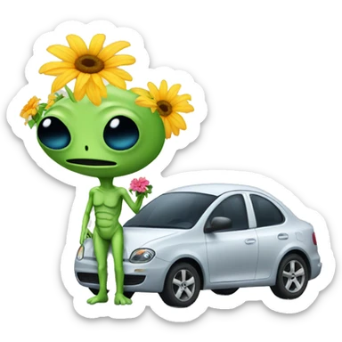 Alien with car and flower sticker