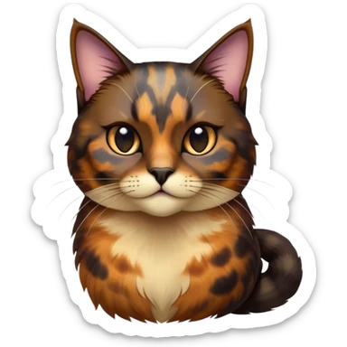 Cinematic Noble Tortoiseshell Cat Portrait Emoji, Poised and dignified, showcasing a luxurious, mottled fur of rich browns and blacks, with elegantly arched whiskers and a determined yet gentle expression, simplified yet meticulously detailed, glowing with a subtle, regal radiance, high shine, embodying quiet nobility and refined charm, soft glowing outline, capturing the essence of a sophisticated tortoiseshell cat exuding quiet authority! sticker