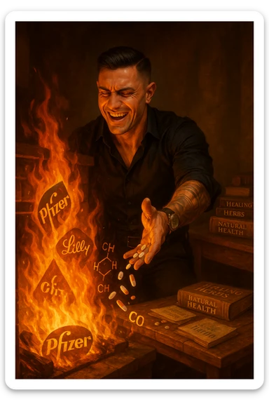 Enlightened man throwing antidepressant pills into fireplace, flames consuming what he sees as chemical poison, expression of liberation from psychiatric medication, Big Pharma logos melting in the fire, natural healing books spread on table behind him, pharmaceutical slavery being broken through pill destruction, mental clarity returning as drugs burn sticker