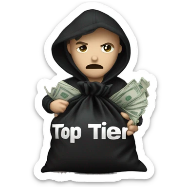 Thief wearing all black clothes actively stealing a money bag with the words Top Tier embroidered on it sticker