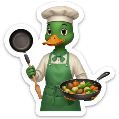 A duck holding a frying pan with sizzling vegetables, wearing green apron sticker